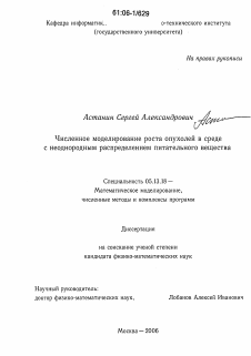 Диссертация по информатике, вычислительной технике и управлению на тему «Численное моделирование роста опухолей в среде с неоднородным распределением питательного вещества»