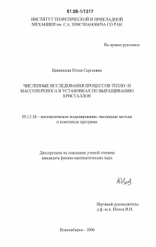 Диссертация по информатике, вычислительной технике и управлению на тему «Численные исследования процессов тепло- и массопереноса в установках по выращиванию кристаллов»