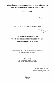 Диссертация по информатике, вычислительной технике и управлению на тему «Направления укрепления экономической безопасности России в современных условиях»