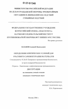 Диссертация по безопасности жизнедеятельности человека на тему «Определение критических условий для очагового самовозгорания материалов»