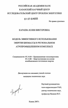 Диссертация по энергетике на тему «Модель эффективного использования энергии биомассы в региональном агропромышленном комплексе»