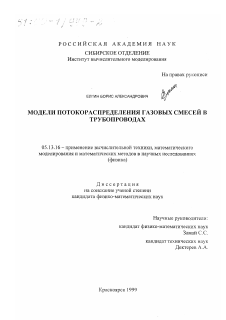 Диссертация по информатике, вычислительной технике и управлению на тему «Модели потокораспределения газовых смесей в трубопроводах»