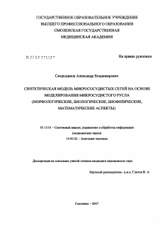 Диссертация по информатике, вычислительной технике и управлению на тему «Синтетическая модель микрососудистых сетей на основе моделирования микрососудистого русла (морфологические, биологические, биофизические, математические аспекты)»