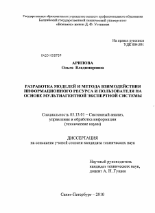 Диссертация по информатике, вычислительной технике и управлению на тему «Разработка моделей и метода взаимодействия информационного ресурса и пользователя на основе мультиагентной экспертной системы»