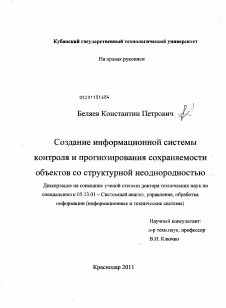 Диссертация по информатике, вычислительной технике и управлению на тему «Создание информационной системы контроля и прогнозирования сохраняемости объектов со структурной неоднородностью»