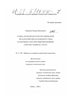 Диссертация по химической технологии на тему «Сушка полупродуктов органических красителей пиразолонового ряда в плотном слое при микроволновом способе подвода тепла»