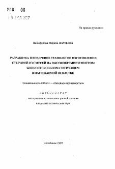 Автореферат по металлургии на тему «Разработка и внедрение технологии изготовления стержней из смесей на высококремнеземистом жидкостекольном связующем в нагреваемой оснастке»