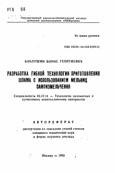 Автореферат по химической технологии на тему «Разработка гибкой технологии приготовления шлама с использованием мельниц самоизмельчения»