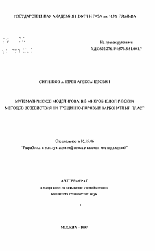 Автореферат по разработке полезных ископаемых на тему «Математическое моделирование микробиологических методов воздействия на трещинно-поровый карбонатный пласт»