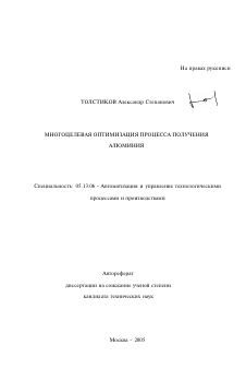 Автореферат по информатике, вычислительной технике и управлению на тему «Многоцелевая оптимизация процесса получения алюминия»