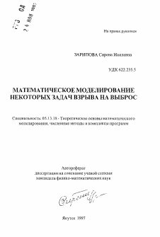 Автореферат по информатике, вычислительной технике и управлению на тему «Математическое моделирование некоторых задач взрыва на выброс»