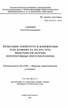 Автореферат по энергетике на тему «Пульсации температур и напряжений и их влияние на ресурс труб поверхности нагрева перспективных парогенераторов»