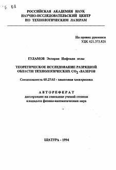 Автореферат по электронике на тему «Теоретическое исследование разрядной области технологических СО2 лазеров»