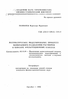 Автореферат по информатике, вычислительной технике и управлению на тему «Математическое моделирование процесса мембранного разделения растворов в плоских фильтрационных каналах»