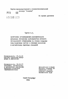 Автореферат по информатике, вычислительной технике и управлению на тему «Построение организационно-экономического механизма управления деятельностью крупного промышленного предприятия на основе создания информационных систем в условиях конверсии и формирования рыночных отношений»