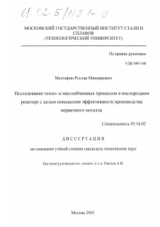 Диссертация по металлургии на тему «Исследование тепло- и массообменных процессов в кислородном реакторе с целью повышения эффективности производства первичного металла»