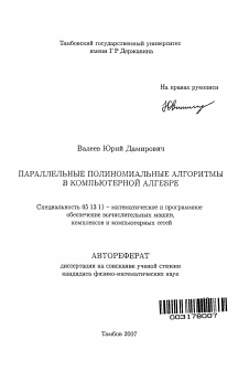 Автореферат по информатике, вычислительной технике и управлению на тему «Параллельные полиномиальные алгоритмы в компьютерной алгебре»