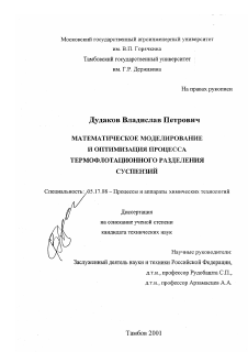 Диссертация по химической технологии на тему «Математическое моделирование и оптимизация процесса термофлотационного разделения суспензий»