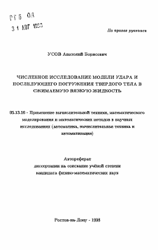 Автореферат по информатике, вычислительной технике и управлению на тему «Численное исследование модели удара и последующего погружения твердого тела в сжимаемую вязкую жидкость»