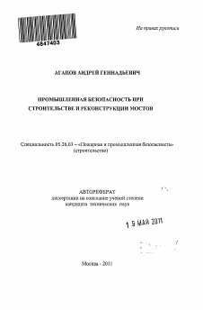 Автореферат по безопасности жизнедеятельности человека на тему «Промышленная безопасность при строительстве и реконструкции мостов»