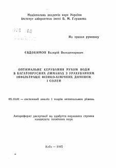 Автореферат по информатике, вычислительной технике и управлению на тему «Оптимальное управление движением воды в многоярусных лиманах с учетом инфильтрации физико-химических примесей и солей»